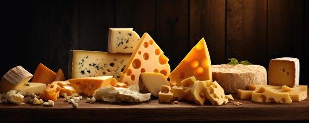 Délicieux morceaux de différents types de papier peint de fromage panorama de fromage de luxe Generative Ai