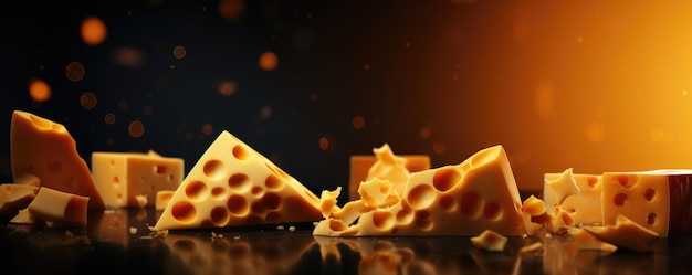 Délicieux morceaux de fromage de luxe avec des trous coulant sur fond de panorama sombre Generative Ai