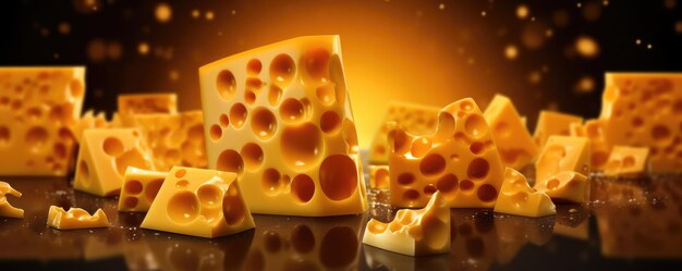 Délicieux morceaux de fromage de luxe avec des trous coulant sur fond de panorama sombre Generative Ai
