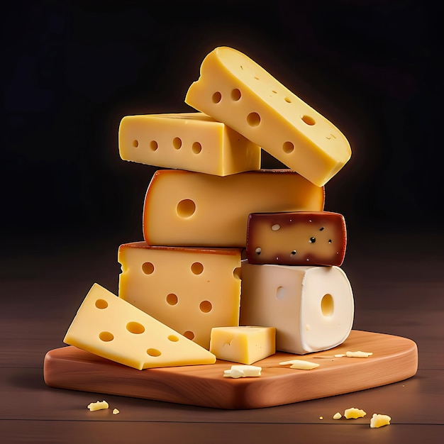 délicieux morceaux de fromage sur une planche de bois sur fond sombre AI générative