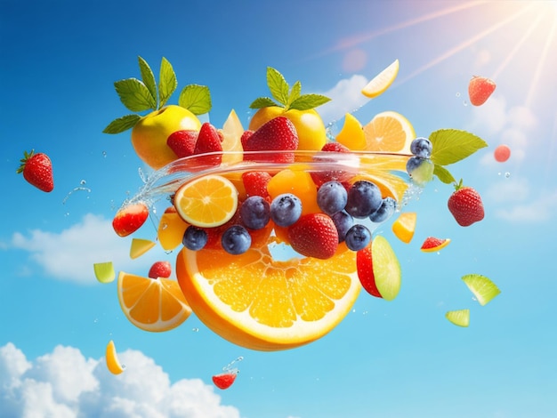 Photo délicieux morceaux de fruits frais d'été flottant dans l'air