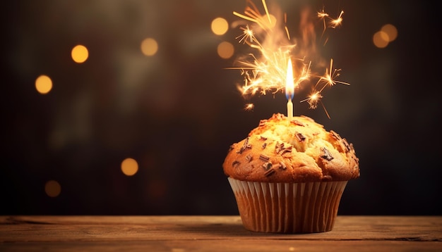 un délicieux muffin frais avec une bougie en flammes sur la baguette