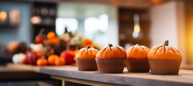 Délicieux muffins d'épices de citrouille faits maison sur un fond flou avec un espace de copie pour le texte