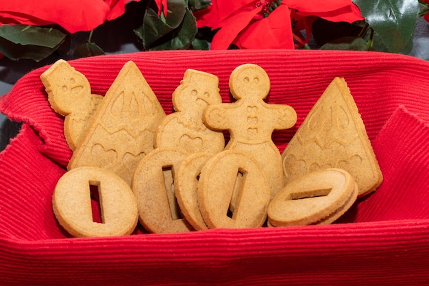 Délicieux pain d'épice de Noël fait maison dans un panier sur une serviette rouge