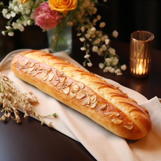 Un délicieux pain avec des fleurs sur la table en gros plan Un délicieux petit déjeuner