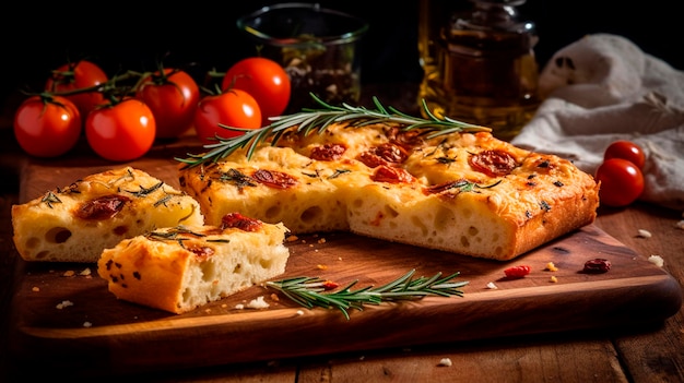 Délicieux pain focaccia italien sur une planche à découper en bois Generative Ai