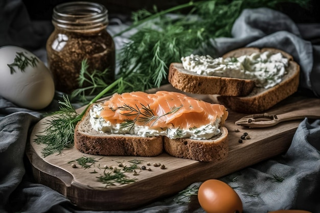 Délicieux pain grillé au blé entier avec saumon fumé et fromage à la crème