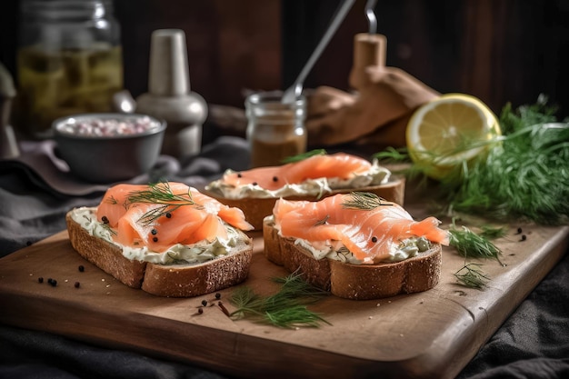 Délicieux pain grillé au blé entier avec saumon fumé et fromage à la crème