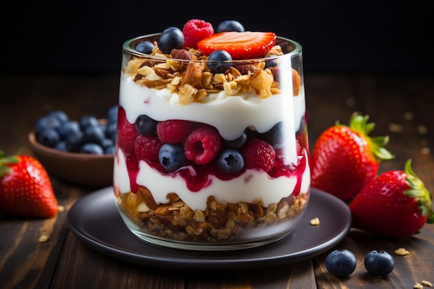 Délicieux parfait granola au yaourt avec tranches de noix Generative AI