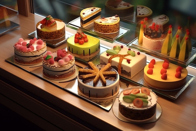 délicieux pâtisseries cupcakes et gâteau avec baies sur la table de dessert dans un café charmant