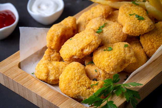 Délicieux pépites de poulet et frites.