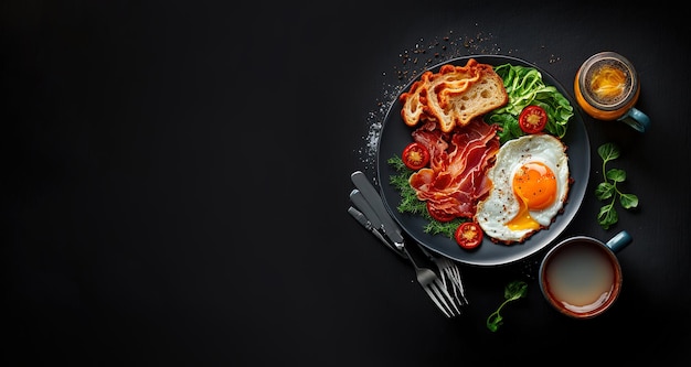 Délicieux petit-déjeuner aux œufs et au bacon isolé sur fond sombre. La nourriture saine