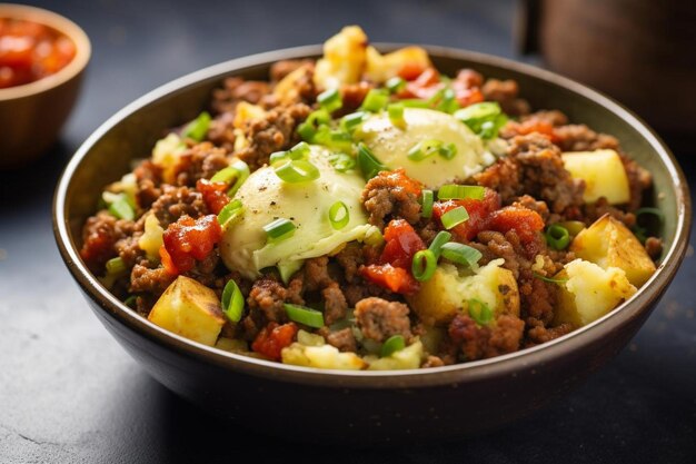 Un délicieux petit déjeuner de chorizo, des bols de burritos avec des brouillards.