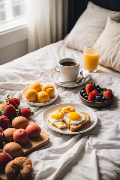 Un délicieux petit déjeuner avec du café sur un lit confortable