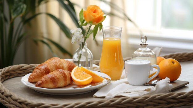 Photo délicieux petit déjeuner avec du jus d'orange sur la table