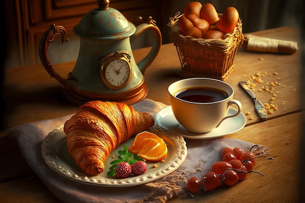 Délicieux petit déjeuner français fait maison avec café et croissant