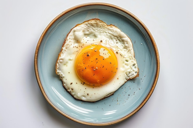 Un délicieux petit déjeuner d'œufs frits sur une assiette bleue sur un fond blanc