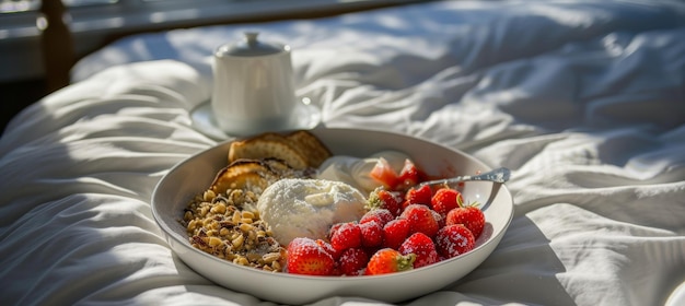 Un délicieux petit déjeuner servi sur le lit d'une chambre d'hôtel baigné de la lumière du soleil par un beau matin