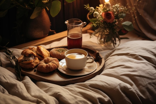 Délicieux petit-déjeuner sucré avec boisson au café sur le lit Snack boisson pain chaud Générer Ai