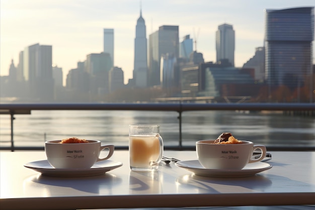 Un délicieux petit déjeuner sur la table avec la lumière du soleil du matin éclairant la vue sur l'horizon de la ville