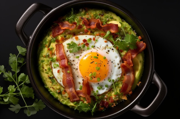 Photo un délicieux petit déjeuner. vue d'en haut d'un œuf parfaitement frit avec du bacon croustillant dans une casserole brûlante.