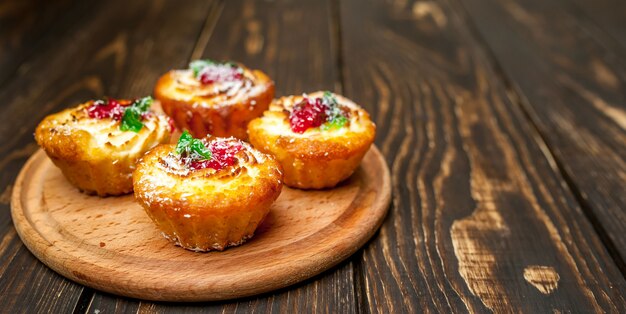 délicieux petits gâteaux sur fond de bois