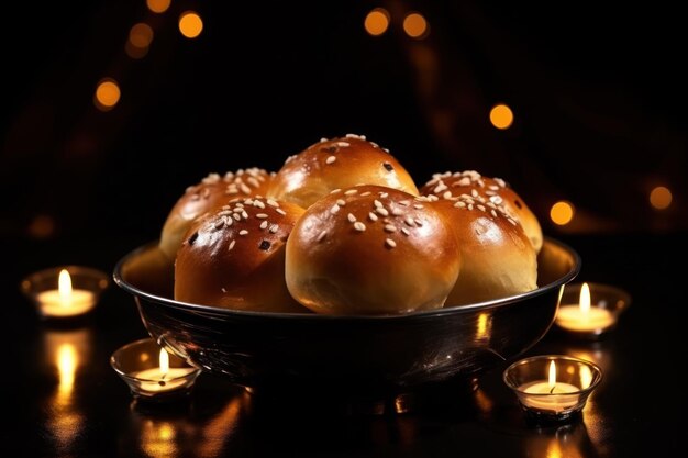 Délicieux petits pains sucrés dans un bol et décor sur la table contre un fond noir avec des lumières floues