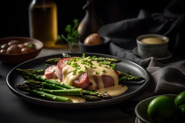 Délicieux plat d'asperges avec pommes de terre et jambon sur une assiette avec sauce hollandaise fond sombre AI généré