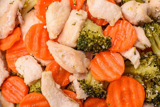 Délicieux plat composé de morceaux de brocoli de poulet bouilli et de carottes