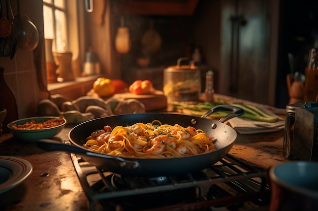 Un délicieux plat de crevettes avec des pâtes fettuccine sur une table de cuisine généré par l'IA