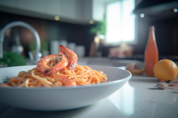 Un délicieux plat de crevettes avec des pâtes fettuccine sur une table de cuisine généré par l'IA