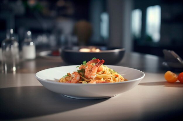 Un délicieux plat de crevettes avec des pâtes fettuccine sur une table de cuisine généré par l'IA