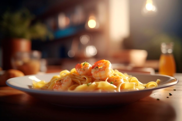 Un délicieux plat de crevettes avec des pâtes fettuccine sur une table de cuisine généré par l'IA