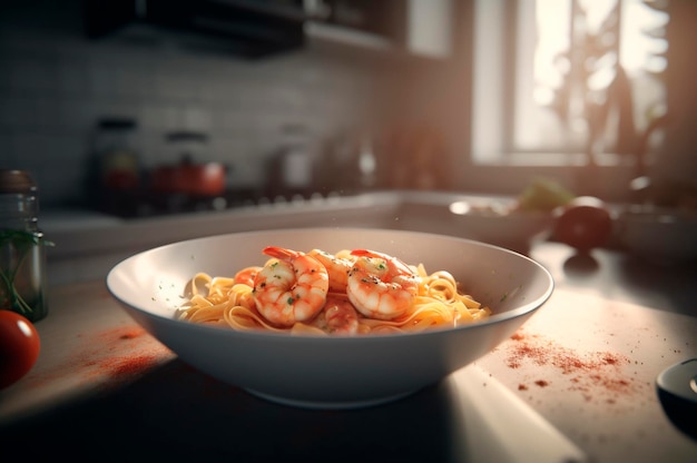 Un délicieux plat de crevettes avec des pâtes fettuccine sur une table de cuisine généré par l'IA