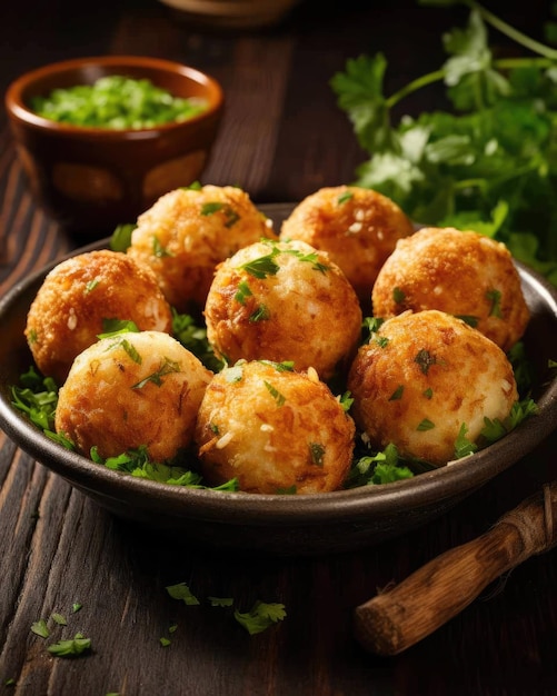 Délicieux plat de cuisine brésilienne Bolinho de Bacalhau avec fond de studio sombre