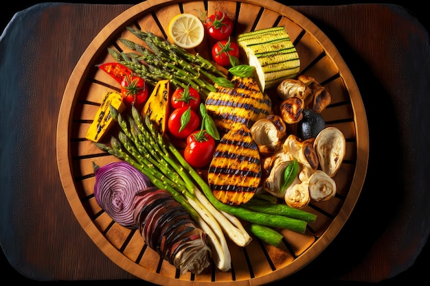 Un délicieux plat de légumes grillés juteux vous attend sur une assiette en bois