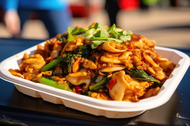 Un délicieux plat de Pad See Ew mettant en vedette des nouilles de riz larges sautées avec du poulet ai généré