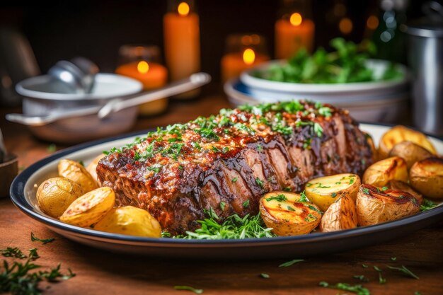 Un délicieux plat de viande rôtie parfaitement préparé avec des herbes et des épices