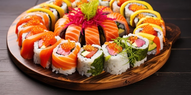 Délicieux plateau de fruits de mer japonais Assortiment traditionnel de sushis gourmet sur une assiette d'algues fraîches et de riz