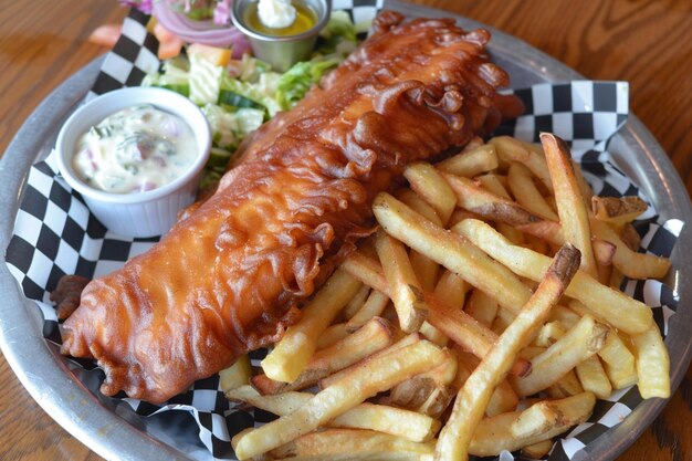 Un délicieux plateau de poisson et de frites avec du vinaigre de malt