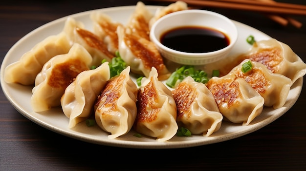 délicieux plats gyoza ou boulettes en-cas avec sauce soja sur une assiette blanche plat de nourriture simple