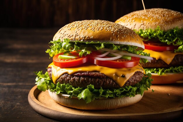 De délicieux plats végétariens comprennent des cheeseburgers à base de viande de soja à base de plantes et garnis de laitue, tomates, oignons et fromage de près