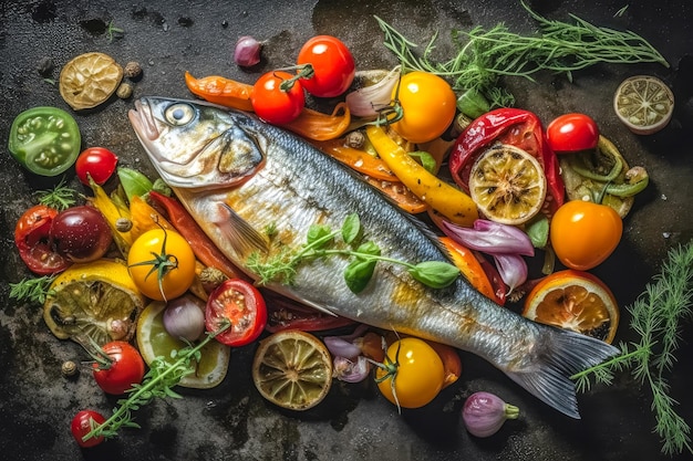 Délicieux poisson dorada grillé avec des légumes et de la sauce sur fond de bois Ai généré