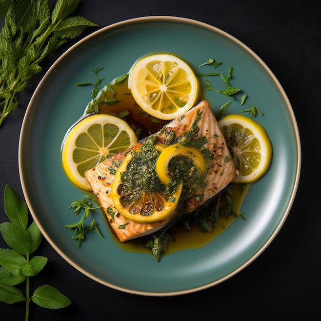 Délicieux poisson mahi mahi avec du citron vue de haut