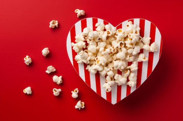 Délicieux pop-corn salé dans une boîte en carton rayée en forme de cœur sur le fond rouge Jour de la Saint-Valentin 14 février célébration cinéma concept de rendez-vous romantique Vue supérieure Mockup avec espace de copie