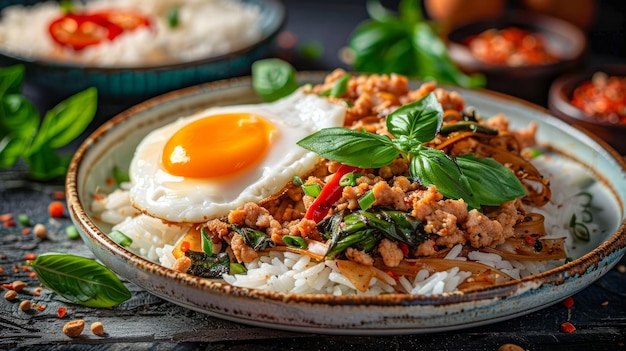 Délicieux porc de basilic traditionnel frite avec riz et œufs frits Concept de cuisine asiatique épicée sur