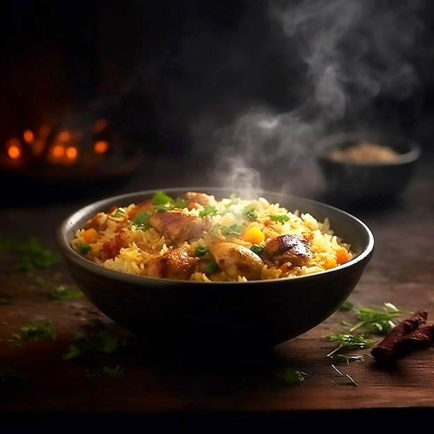 Délicieux poulet biryani dans un plat noir sur une table en bois photographie en gros plan