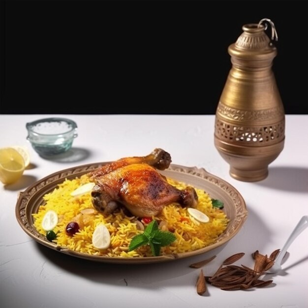 Délicieux poulet Biryani sur plaque en céramique