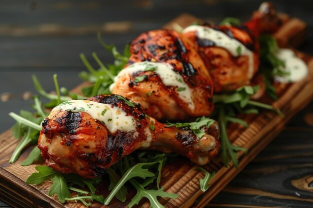 Un délicieux poulet cuit au feu avec de la ragoule et de la sauce mayonnaise servi sur une planche de bois