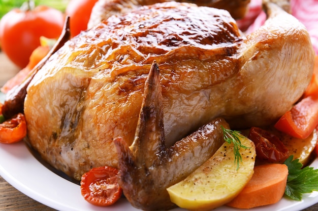 Délicieux poulet cuit sur plaque sur table close-up